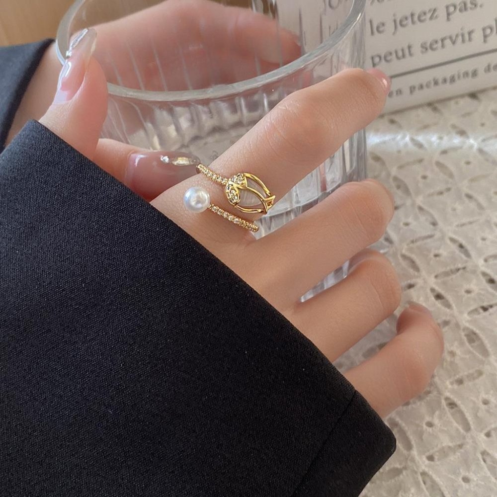 3/$35 Copper Flower Pearl Open Ring Adjustable Gold Tone Opal Cubic Zirconia